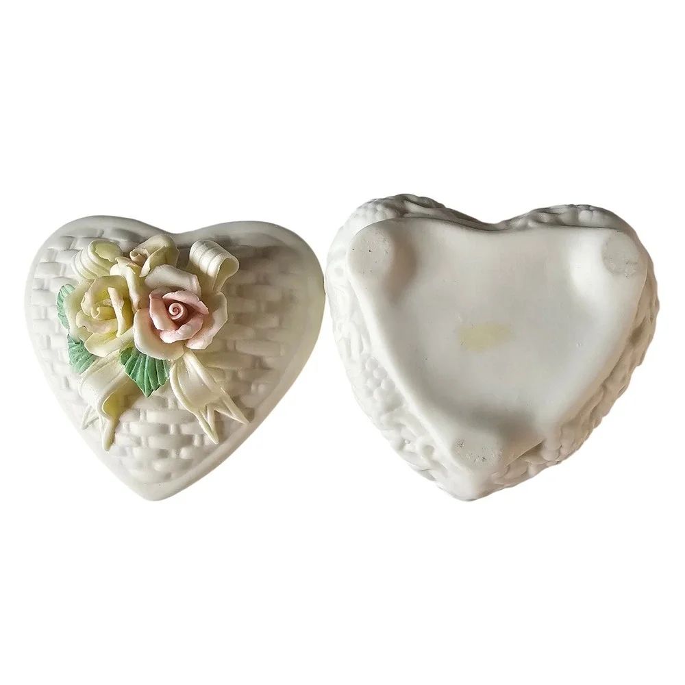 Vintage Heart Shaped Porcelain Trinket Box Floral Roses Basketweave White 4in